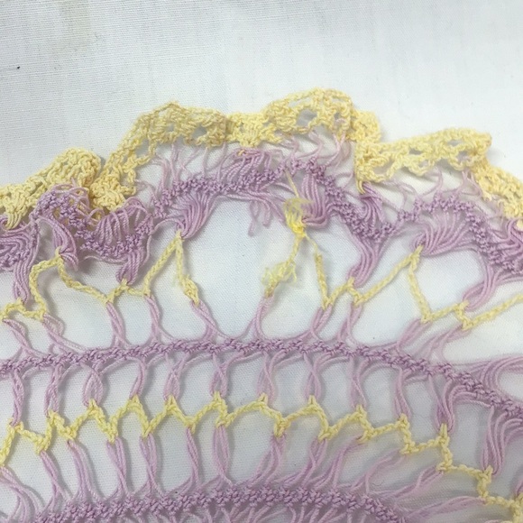Vintage doilie pair hand made crochet lavender and soft yellow oval and round - Picture 4 of 6